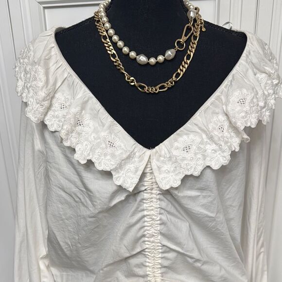 Anthropologie Maeve White Ruffled Bib Collar Blouse - Picture 3 of 7